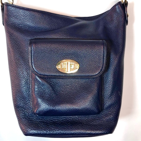 TALBOTS Turnlock Bucket Shoulder Bag Purse Navy Blue Pebbled Leather - Picture 3 of 14